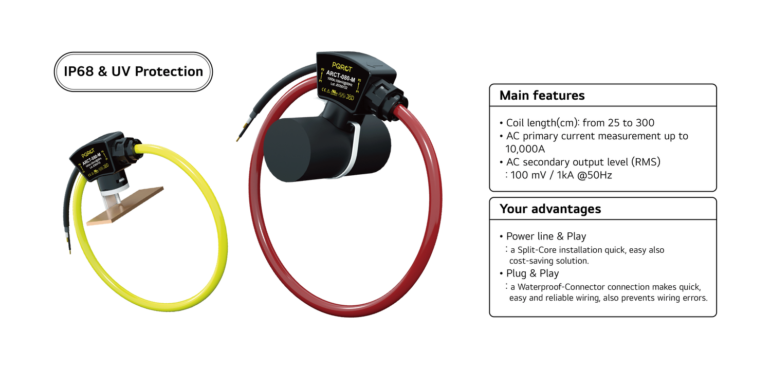 ARCT-M Series is a flexible Rogowski coil current sensor with IP68 Waterproof, UV Protection housing, and UV Cable as optimizing solution for measuring Power Quality.