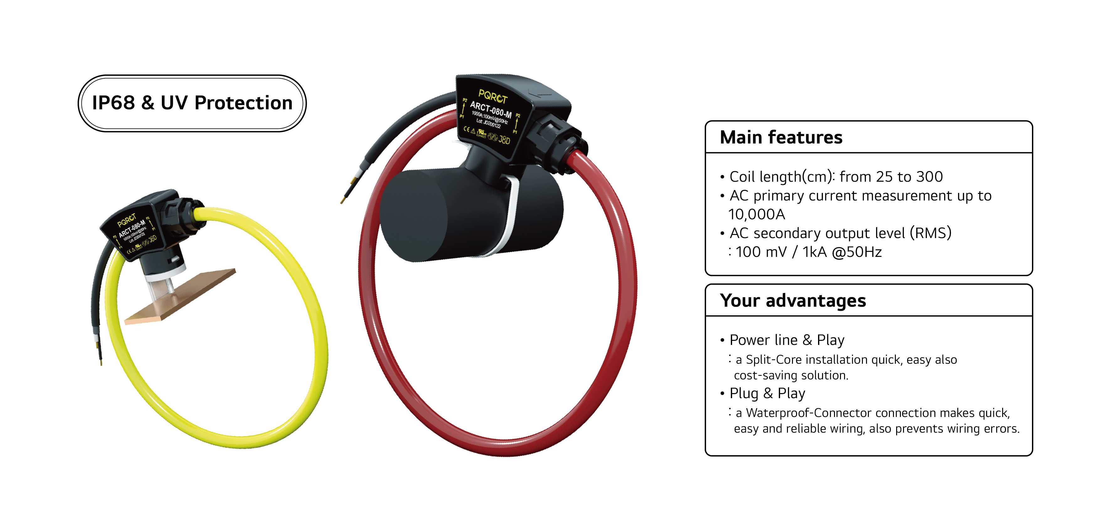 ARCT-M Series is a flexible Rogowski coil current sensor with IP68 Waterproof, UV Protection housing, and UV Cable as optimizing solution for measuring Power Quality.